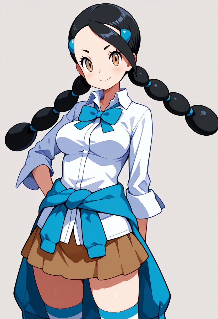 masterpiece, best quality, medium breasts, (curvy),   zzCandice,  hair ornament, twintails,  hairclip, striped socks, bowtie,  sweater around waist, brown skirt,   , <lora:CandicePokemon_NAI:1.0>,, smile, looking at viewer, cowboy shot,  ,<lora:HaradaTakehito_NAI:1.0>,