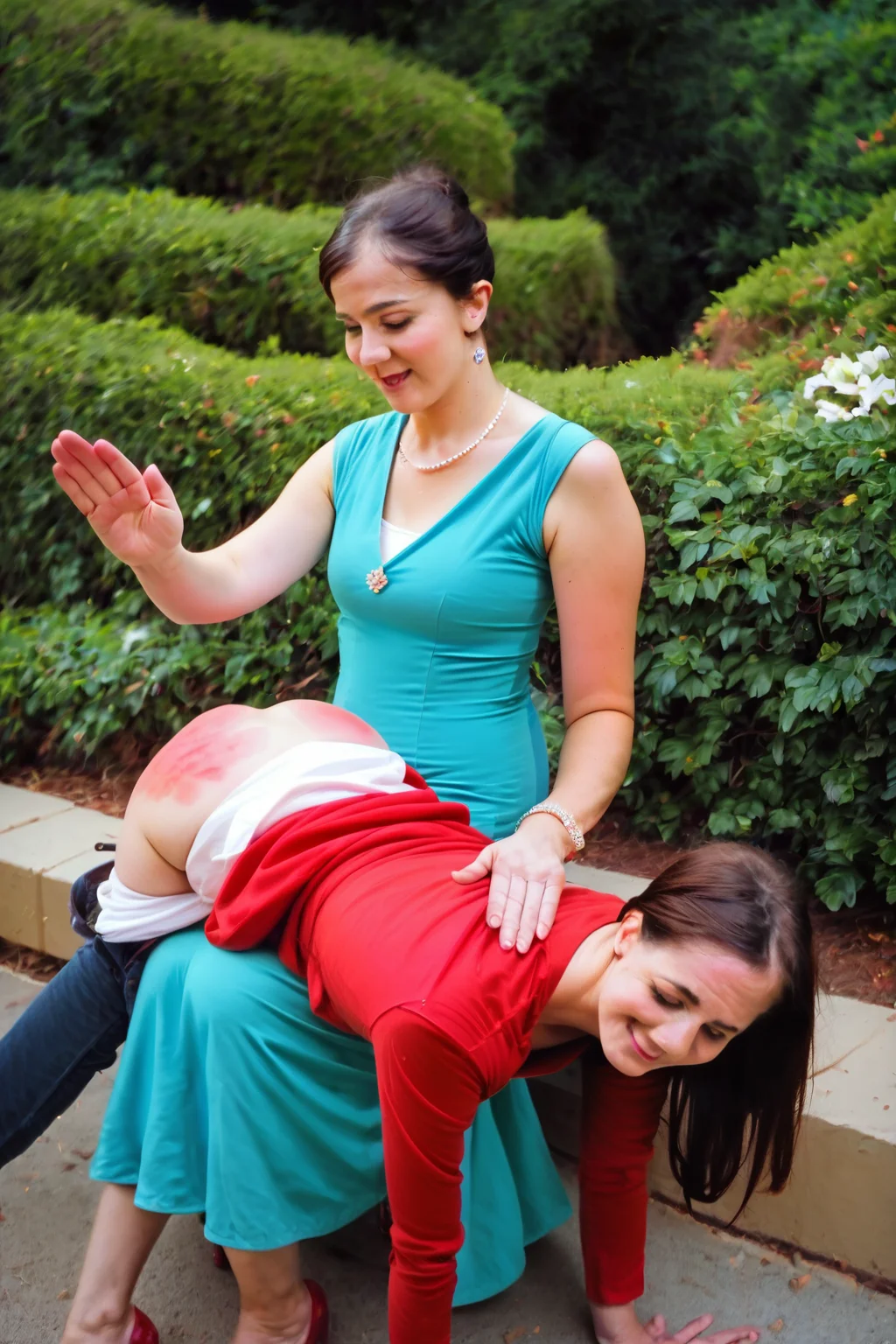 score_9, score_8_up, raw, photo, realistic, highly detailed, otk spanking, 2girls, 1girl spanking 1girl, outdoors, dress, formal, panty pull , pants pull, spanking, spanked, red butt, <lora:otk_real_spanking_SDXLPONY_r15_768_dim32-a1-adamW-000009:0.5> , <lora:Photo 2 Style SDXL_LoRA_Pony Diffusion V6 XL:0.7>