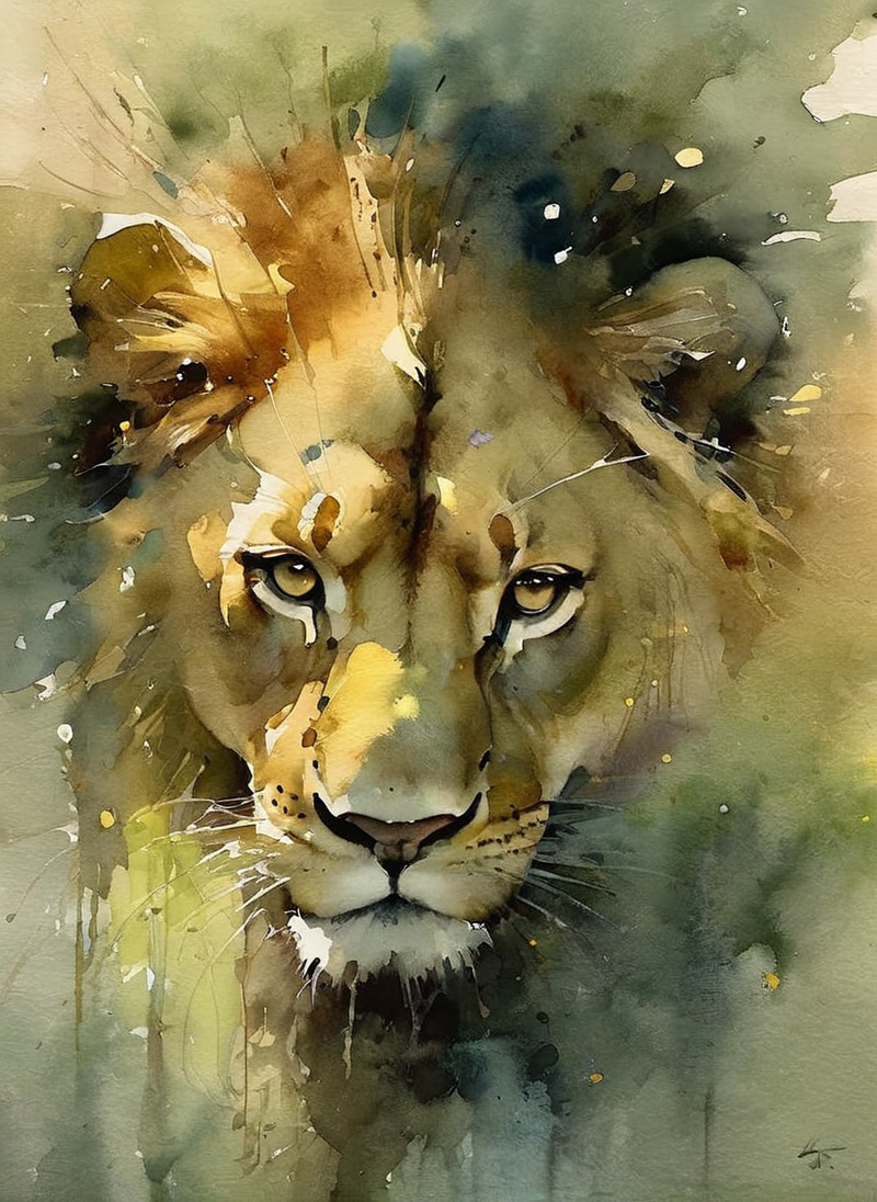 Watercolor masterpiece,lion,impressionist art painting by Jeremy Mann,Miles Johnston,Alasdair McLellan,Daniel Merriam,Peter Glick,Darius Klimza,spectacular backlighting,perfection,gorgeous art,beautifully lit,dark atmosphere,surreal,ethereal,exquisite detail,brilliant,wonderful,outstanding,amazing colors,mysterious,watercolor wash,<lora:Watercolor _sdxl:1.2>, Watercolor style,