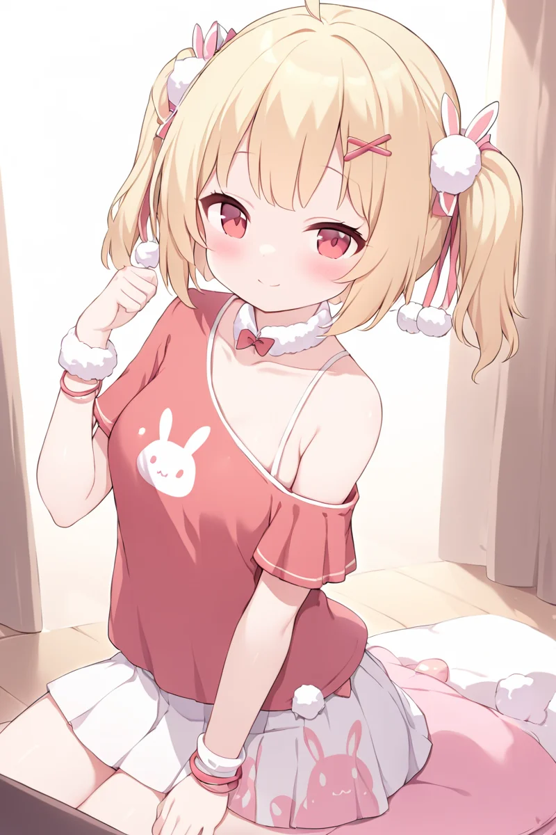 <lora:fumo3>,
chibi,solo,
masterpiece,best quality,
fumo, looking at viewer, smile, Tuya, white skirt, off-shoulder shirt,bunny print,  animal print, pleated skirt, blush, off shoulder, looking at viewer, red shirt, wristband, pom pom \(clothes\), <lora:Tuya_xl:0.8>