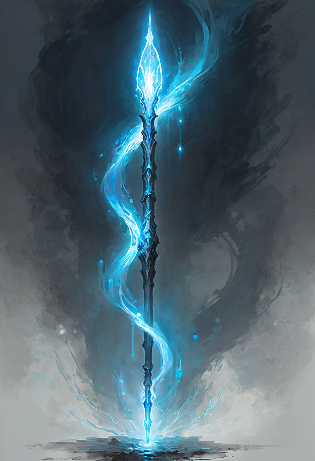 RPG Concept Art a long ethereal spear with a glowing blue tip,  white and blue aura
