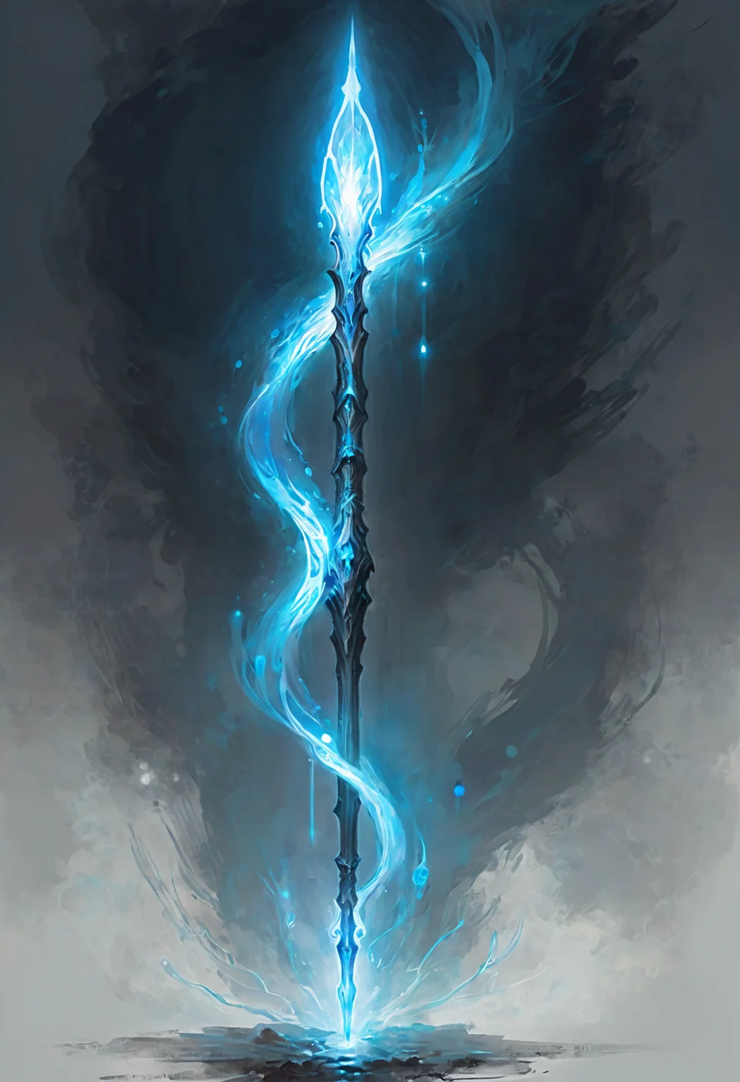 RPG Concept Art a long ethereal spear with a glowing blue tip, white and blue aura