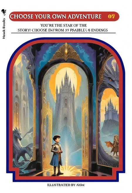 choose your own adventure, graphic novel illustration, The Magic Mirror Description: The cover features a child looking into an ornate mirror that reflects a fantastical world with castles, dragons, and wizards. The protagonist finds a magical mirror that transports them to a parallel world where they must navigate political intrigue and magical battles to find their way home., d3c0pnuk, detailxl, str34ml1n3