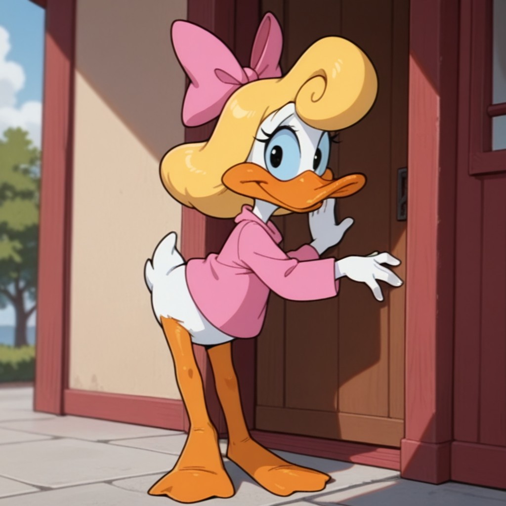 masterpiece, best quality, amazing quality, Shirleyttail, semi-anthro, female, duck, blonde hair, blue sclera, black eyes, white feathers, pink bow, pink shirt, standing, outside, looking at viewer, solo, 1girl, <lora:0e5c58ca-4b66-4d9a-8749-70bcc6e67e85:0.7>