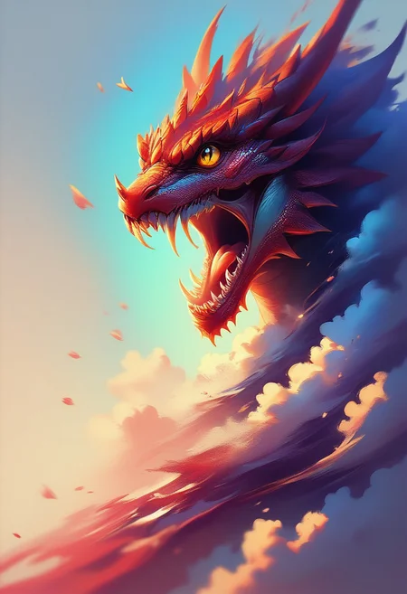 score_9, score_8_up, score_8, score_7_up, score_7, double exposure, A highly detailed dragon flying towards the viewer, mouth open, yellow eyes, red scales, fantasy, concept art, digital artwork, illustrative