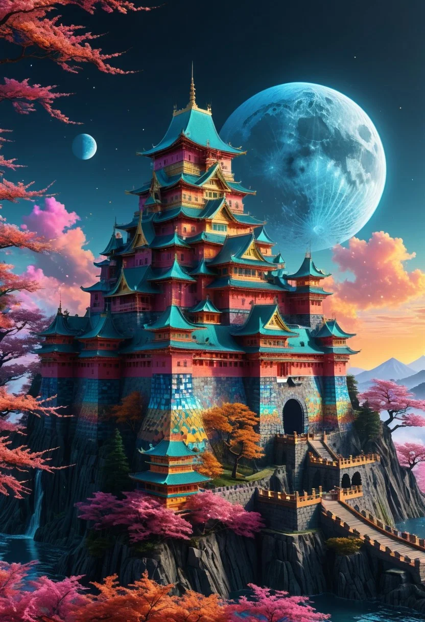 ((big castle made out of fractal geometric shapes)), masterpiece, best quality, newest, absurdres, highres, by an ancient japanese edo castle made out of fractangles, sunset, ink artwork, sharp color, fractangle sakura trees in the background, moon in background. The atmosphere is tranquil yet powerful, evoking a sense of nostalgia and wonder. Highly detailed character, precise silhouette, cinematic lighting, ultra-realistic textures, dreamy and immersive composition, masterpiece. sharp, ultra hd, 8k, 4k, artstation, (Fractangles), movie poster, let angles and patterns evolve in unexpected ways, (geometric elegance, perfectly geometric, fractal elements)