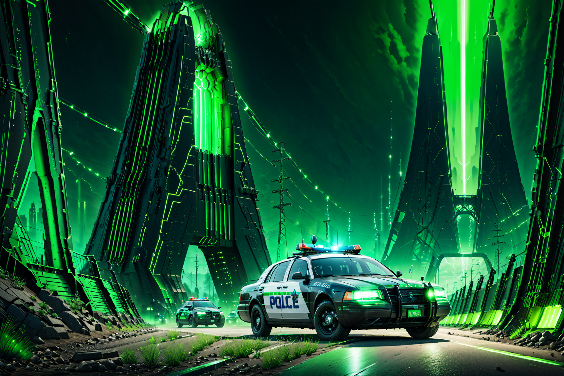 Necron, electricity, green glow, green theme, police car, futuristic bridge, detailed background, pastoral tones, soft glow, dynamic angle, wide shot, <lora:Necron_World_XL-000009:1>