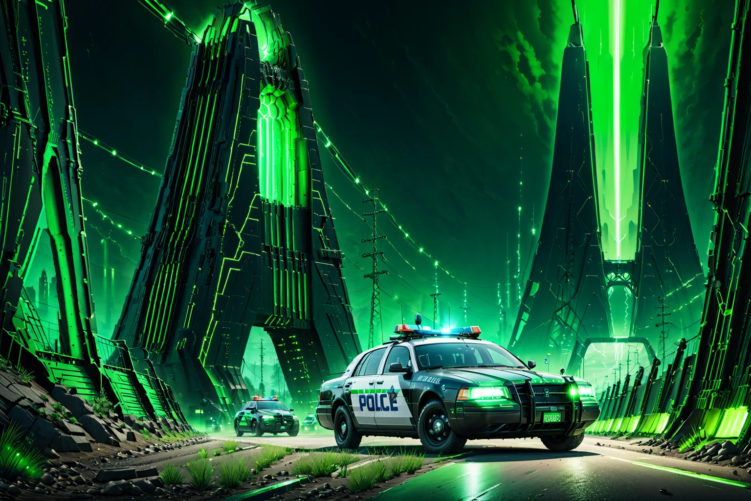 Necron, electricity, green glow, green theme, police car, futuristic bridge, detailed background, pastoral tones, soft glow, dynamic angle, wide shot, <lora:Necron_World_XL-000009:1>