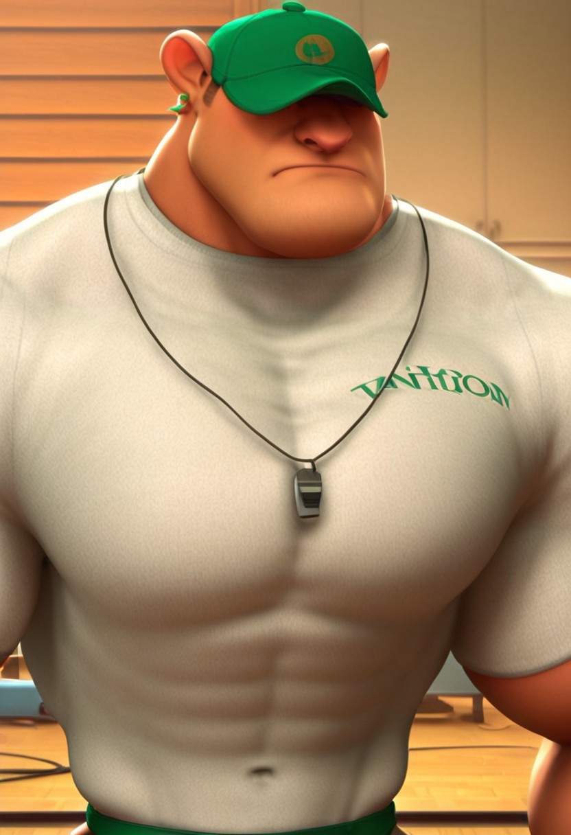 1boy, standing, muscles, BARA, MUSCULAR, MUSCULAR MALE, white SHIRT, MAN, SOLO, MALE FOCUS, HAT, PECTORALS, MALE, SHIRT, BASEBALL CAP, LARGE PECTORALS, BULGE, SHORT HAIR, WHISTLE AROUND NECK, ((green headwear)), ((Bara)) masterpiece, best quality, amazing quality, solo, 1boy, , solo_focus, mature male, muscular male, pectorals, muscular, bara, masterpiece, best quality, amazing quality, muscular male, big muscles, (huge muscles), muscular arms, ((High quality)), ((Best quality)), ((Perfect ears)), (pointed nose), ((upper body)), ((((Serious expression)))) ((serious mouth)), (((Frontal view))), ((baseball cap that cover his eyes)), ((Detailed mouth)) (fine details in expression)((mouth))