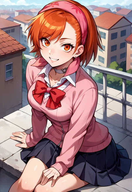 score_9, score_8_up, score_7_up, source_anime, BREAK, solo, 1girl, looking at viewer, smile, <lora:Yuzu-pdxl_Fp:1>, yuzudesu, orange hair, orange eyes, short hair, bandana, <lora:persona3_takeba_ponyXL:0.6>, gekkoukan high school uniform, pink cardigan, red bow, long sleeves, black skirt, earrings, white choker, sitting, rooftop,