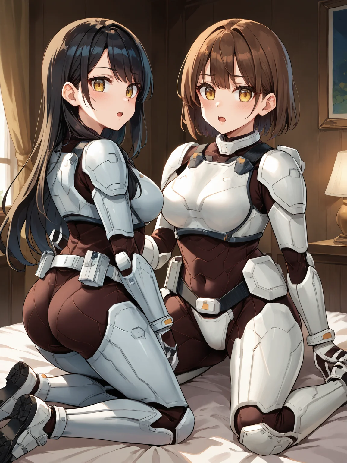 score_9, score_8_up, score_7_up, <lora:offset_0.2:0.1>, <lora:spo_sdxl_10ep_4k-data_lora_webui:1>, 2girls, source_anime, terraformarsmoviebodysuit, armored bodysuit, black bodysuit, white armor, boobplate, shoulder pads, wrist guards, black gloves, white gloves, utility belt, belt pouch, hip armor, crotch plate, thigh armor, knee pads, shin guards, armored shoes, <lora:Terraformars:1>, indoors, bedroom, bed, all fours, ass focus, huge ass, on bed, blush, looking at viewer, embarrassed, from behind, looking back, looking at viewer, open mouth
black hair, swept bangs, long hair, brown eyes, medium breasts
brown hair, choppy bangs, medium hair, yellow eyes, medium breasts