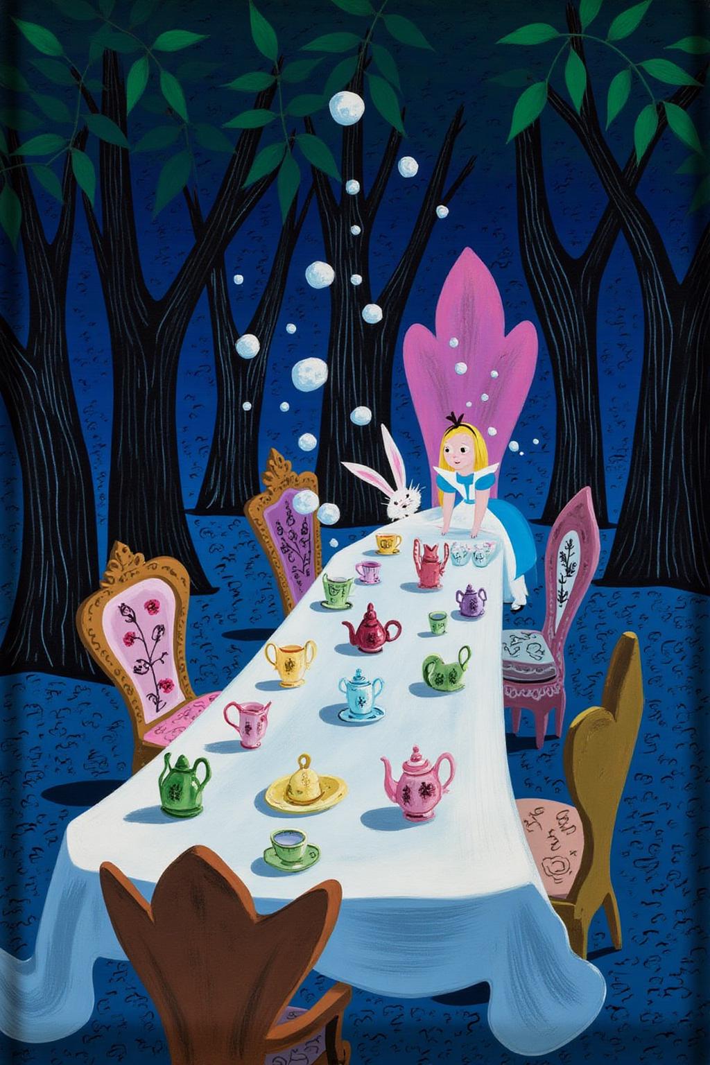 maryblair2 illlustration.
A tea table in a forest setting, covered with a white tablecloth and various teacups and teapots, some with floral designs. Several chairs surround the table, each with a unique pattern. Bubbles float in the air. At the head of the table sits a girl wearing a blue dress with a white apron. Beside her sits an anthropomorphic rabbit.
 <lora:maryblair3_cap_d6a3e9:1.0><lora:855882333335601643:0>