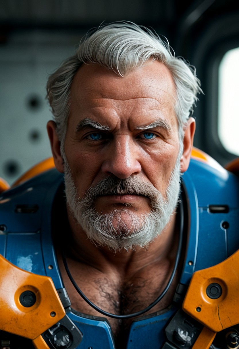 realistic, closeup portrait, face portrait, focus on face, seen from the side, dark cyberpunk megacity, neonlit background, volumetric light rays, natural light, alone, solo, relaxed cute pose, arm resting on leg, old granddad, old man, grandpa, tanned skin, strong tan, pubic-hair, pale blonde short hair, small flat crooked down nose, bushy eyebrows, hairy chest, chesthair, strong manly round chubby face, deep blue eyes, (charming, handsome, sensual, arrogant, challenging), wearing orange cybernetic armor, cables and wires, analogue tech, scifi armor, blue latex bodysuit, cybernetic bodysuit, cyberpunkt accessoires