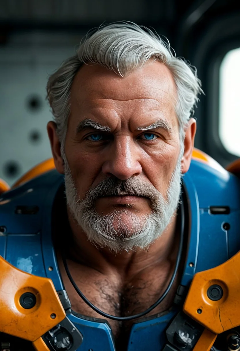 realistic, closeup portrait, face portrait, focus on face, seen from the side, dark cyberpunk megacity, neonlit background, volumetric light rays, natural light, alone, solo, relaxed cute pose, arm resting on leg, old granddad, old man, grandpa, tanned skin, strong tan, pubic-hair, pale blonde short hair, small flat crooked down nose, bushy eyebrows, hairy chest, chesthair, strong manly round chubby face, deep blue eyes, (charming, handsome, sensual, arrogant, challenging), wearing orange cybernetic armor, cables and wires, analogue tech, scifi armor, blue latex bodysuit, cybernetic bodysuit, cyberpunkt accessoires