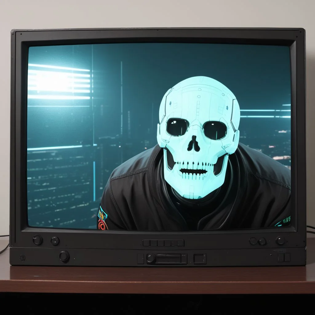 dzktxez, a realistic scene of a cyberpunk skull being shown on the TV, behind screen, extremely detailed, cyberpunk theme, retro futurism, 128k, ultra HD, zPDXL