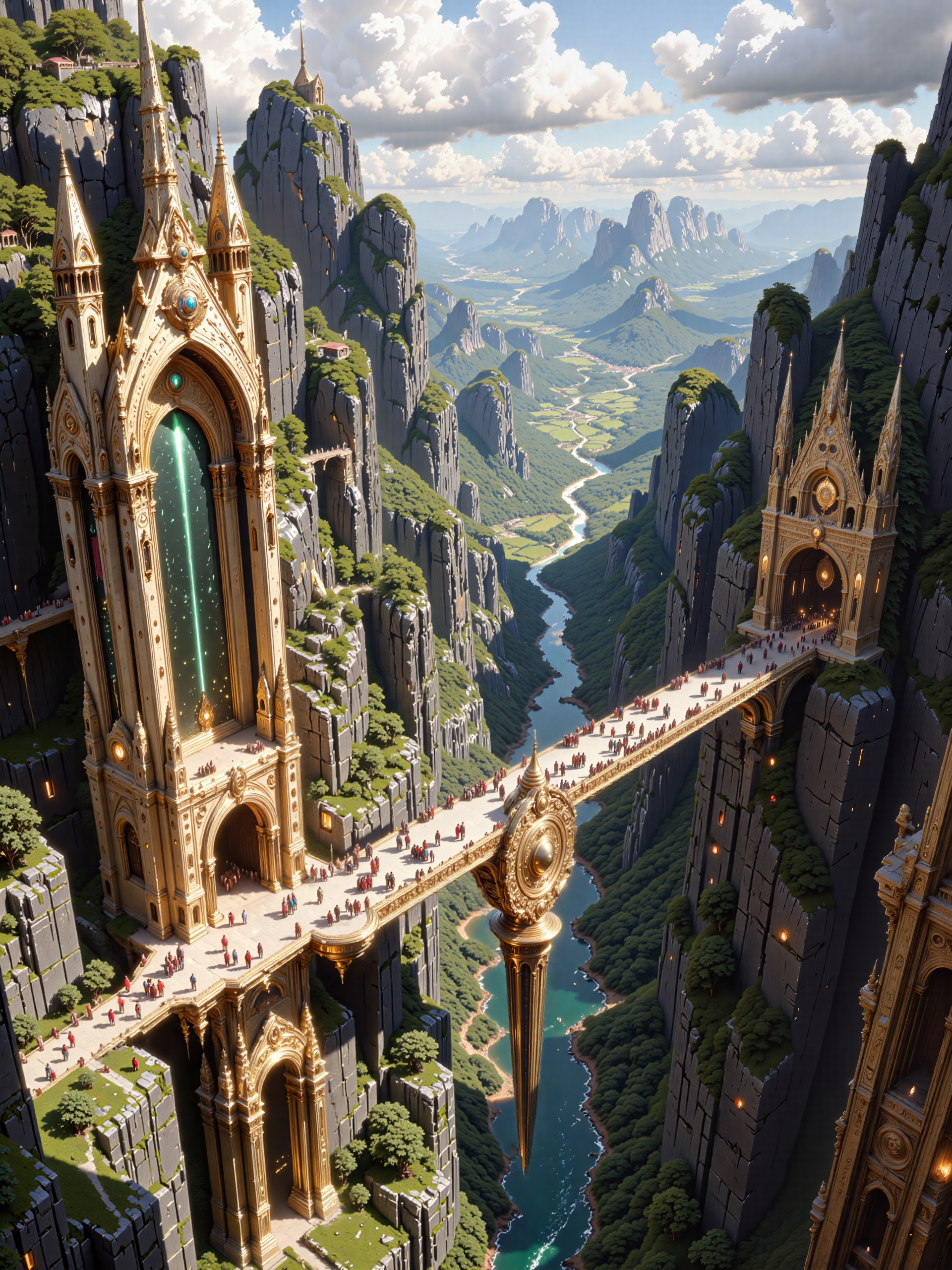 symmetrical architecture, vertical symmetry, photorealistic, realistic painting, late medieval high fantasy setting, epic and highly aesthetic, refined details, intricate decorations, muted colors, 8k, 16k, birds eye view, dappled sunlight, a sweeping view of a wondrous fantasy city carved into opposing towering cliffsides in a lush valley of a fantastical world, the cities architecture is grandiose and ornate, blending gothic and fantasy elements into an awe-inspiring tableau, the focus is a massive stone bridge stretching majestically across a deep chasm on towering symmetrical arches, it is connecting the left and right cliff of the valley, each cliff featuring elaborate, carved entrances framed by intricate stonework, the surface of the bridge is adorned with spires and elaborate carvings, the tall symmetrical arches beneath it reveal glimpses of a lush landscape of forests, rolling hills, and vibrant fields below and in the distance. a quaint meandering river deep at the bottom of the valley runs into the distance, reflecting the sky, a lively and diverse crowd crosses the bridge, some engage in animated conversations, others walk in quiet contemplation, and a few children scamper playfully near their guardians, the scene exudes life and movement, with each figure contributing to the richness of the narrative. the background showcases a verdant forest stretching across the horizon, its lush greenery adding softness to the otherwise imposing gothic architecture, sunlight filters dramatically through the clouds above, casting long, dynamic shadows across the bridge and cliffs, the interplay of light and shadow highlights the intricacies of the stonework and the finely detailed fabric of the travelers' garments, the golden-hour glow contrasts with the cool, shaded areas of the bridge and chasm, creating a harmonious balance of warmth and depth. the composition is meticulously detailed, emphasizing the tactile realism of the intricately carved stone bridge and the delicate folds of the travelersâ clothing, the high vantage point captures the immense scale and grandeur of the scene, immersing the viewer in the overwhelming beauty and complexity of this fantastical world, distant elements are painted with a softer focus, drawing the eye toward the richly detailed foreground and the majestic bridge at the heart of the image. this cinematic scene, bathed in golden light, merges fantasy splendor with dramatic scale, the transitions between light and shadow evoke a sense of depth and mystery, while the masterful attention to detail celebrates the harmonious blend of architectural marvels, natural beauty, and the vibrant energy of a diverse, living world, a harmonious color palette of beige, deep greens, and blue, in the style of ck-ovf, <lora:ultima-flux-by_sterlingangel:0.36> <lora:epic_gorgeous_details-balance-flux-by_flyway:0.8> <lora:style-oneviolentfantasy-ep21-flux-by_chronoknight:0.8>