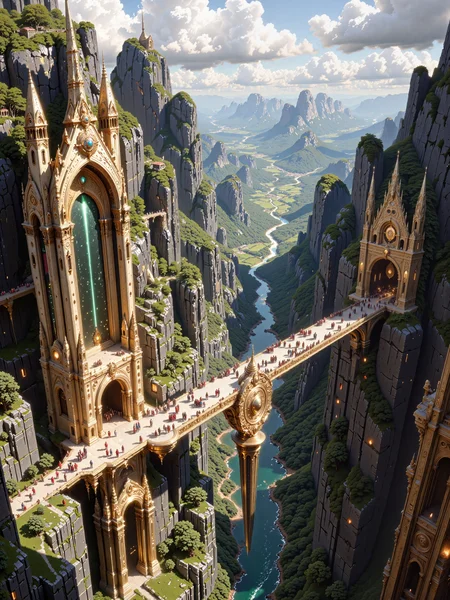 symmetrical architecture, vertical symmetry, photorealistic, realistic painting, late medieval high fantasy setting, epic and highly aesthetic, refined details, intricate decorations, muted colors, 8k, 16k, birds eye view, dappled sunlight, a sweeping view of a wondrous fantasy city carved into opposing towering cliffsides in a lush valley of a fantastical world, the cities architecture is grandiose and ornate, blending gothic and fantasy elements into an awe-inspiring tableau, the focus is a massive stone bridge stretching majestically across a deep chasm on towering symmetrical arches, it is connecting the left and right cliff of the valley, each cliff featuring elaborate, carved entrances framed by intricate stonework, the surface of the bridge is adorned with spires and elaborate carvings, the tall symmetrical arches beneath it reveal glimpses of a lush landscape of forests, rolling hills, and vibrant fields below and in the distance. a quaint meandering river deep at the bottom of the valley runs into the distance, reflecting the sky, a lively and diverse crowd crosses the bridge, some engage in animated conversations, others walk in quiet contemplation, and a few children scamper playfully near their guardians, the scene exudes life and movement, with each figure contributing to the richness of the narrative. the background showcases a verdant forest stretching across the horizon, its lush greenery adding softness to the otherwise imposing gothic architecture, sunlight filters dramatically through the clouds above, casting long, dynamic shadows across the bridge and cliffs, the interplay of light and shadow highlights the intricacies of the stonework and the finely detailed fabric of the travelers' garments, the golden-hour glow contrasts with the cool, shaded areas of the bridge and chasm, creating a harmonious balance of warmth and depth. the composition is meticulously detailed, emphasizing the tactile realism of the intricately carved stone bridge and the delicate folds of the travelersâ clothing, the high vantage point captures the immense scale and grandeur of the scene, immersing the viewer in the overwhelming beauty and complexity of this fantastical world, distant elements are painted with a softer focus, drawing the eye toward the richly detailed foreground and the majestic bridge at the heart of the image. this cinematic scene, bathed in golden light, merges fantasy splendor with dramatic scale, the transitions between light and shadow evoke a sense of depth and mystery, while the masterful attention to detail celebrates the harmonious blend of architectural marvels, natural beauty, and the vibrant energy of a diverse, living world, a harmonious color palette of beige, deep greens, and blue, in the style of ck-ovf, <lora:ultima-flux-by_sterlingangel:0.36> <lora:epic_gorgeous_details-balance-flux-by_flyway:0.8> <lora:style-oneviolentfantasy-ep21-flux-by_chronoknight:0.8>
