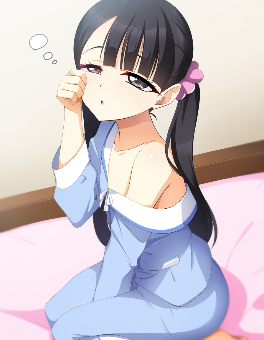 yu-ta,looking at viewer,blue pajamas,sleepy,sitting on bed,legs,
<lora:lijing_noob:1>,skin1,lijing,1girl,solo,twintails,black hair,black eyes,bangs,hair ornament,
masterpiece,best quality,very aesthetic,absurdres,