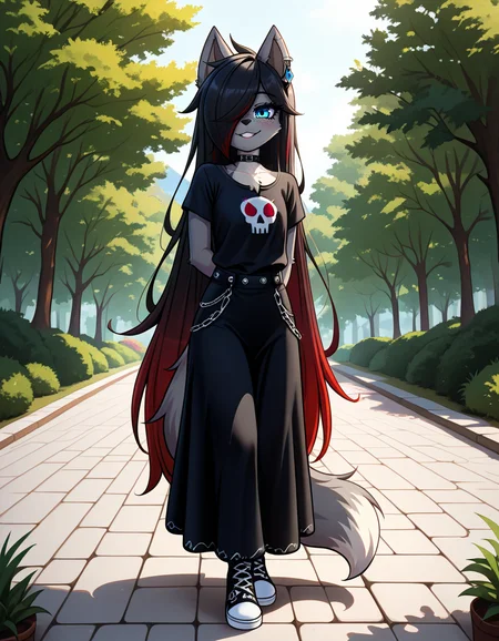 masterpiece, best quality, very aesthetic, absurdres,
outdoors,
full body, body, standing, posing,
goth fashion,
seductive smile, parted lips, long eyelashes,
<lora:Kayla_Kitsune_v01_NAIXL:1>
K41l4,1girl,solo,furry,furry female,very long hair,multicolored hair,black hair,red hair,gradient hair,hair over one eye,animal ears,earrings,blue eyes,freckles,snout,animal nose,choker,body fur,wolf tail,
