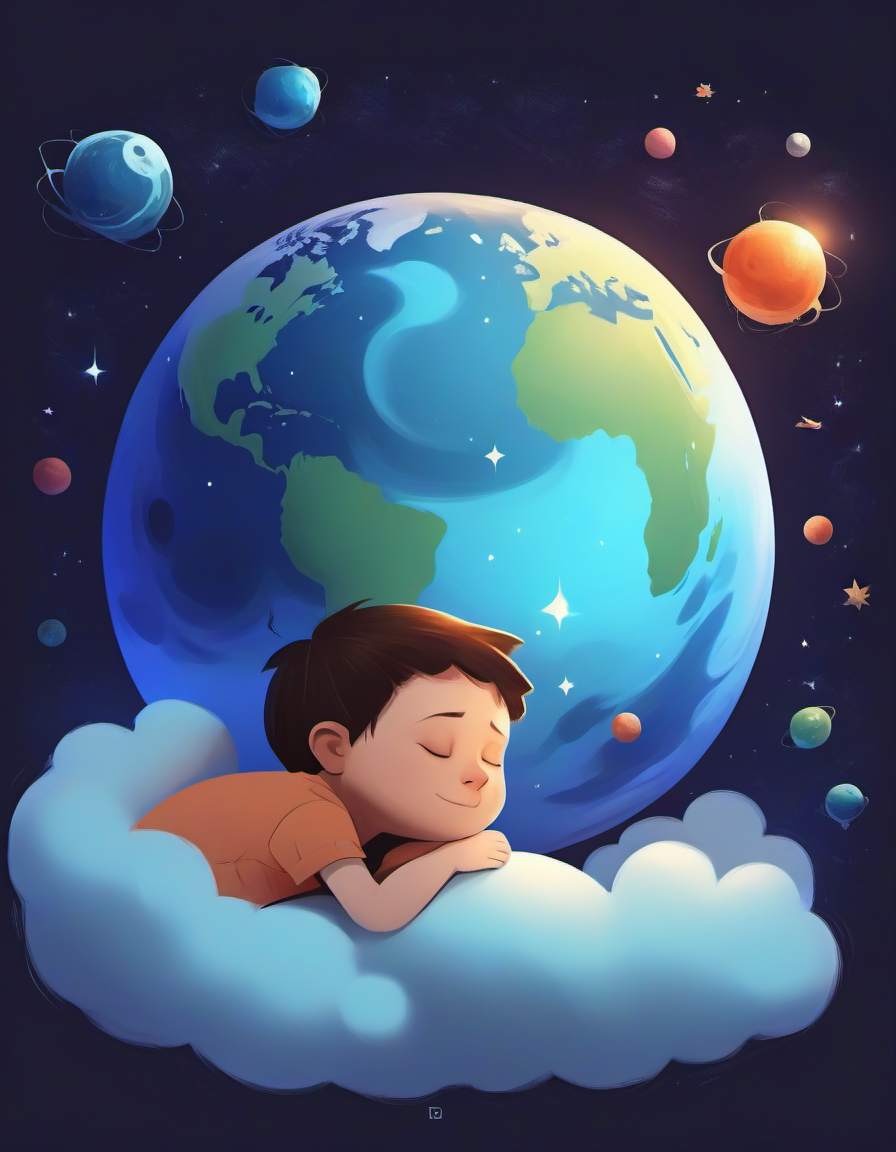 r4y, flatee, shadee, character, a cute kid sleeping and dreaming, surreal, planet, sphere <lora:DIGIXL_0.1_RC:0.7>