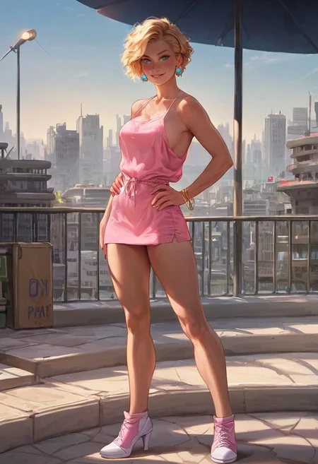 score_9, score_8_up, score_7_up, masterpiece, best quality, highly detailed, (masterpiece, best quality, highly detailed), very detailed face, hyperrealistic, (UHD quality details), (photorealism:1.0), blonde hair, , Tomboy, blue eyes, soft smile, very detailed, 18 year old, athletic body, bubble butt, (medium breasts), ((((medium athletic thighs,))) ,skin pores, realistic skin, highly detailed skin, beautiful face, blue eyes, perfect eyes, perfect mouth, perfect teeth, freckles on body, freckles on face, blonde hair, dangling earrings, ankle bracelet on one ankle, natural lips, no lipstick, wearing a pink spaghetti strap mini dress, pink high heel shoes (((standing in a city park))),