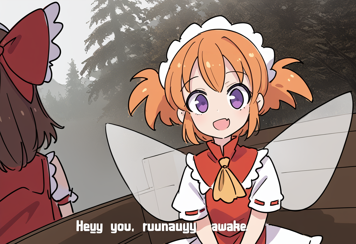 (score_9:0.9),score_8_up,score_7_up,anime style,rating_safe,grey_skin,snow,low light,
BREAK hey you - you're finally awake,hakurei reimu,multiple girls,sunny milk,2girls,bow,hair bow,wings,detached sleeves,fang,fairy wings,purple eyes,twintails,brown hair,orange hair,red bow,forest,nontraditional miko,ascot,tree,dress,hair tubes,short twintails,nature,short sleeves,long hair,fairy,red dress,headdress,<lora:hey you, you're finally awake ponyXL v3.5:0.8>,