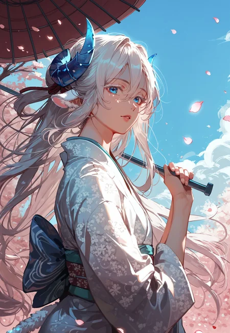 score_9, score_8_up, score_7_up, anime, best quality, 1boy, white hair, sky blue eyes, long eyelashes, white eyelashes, light skin, flat chest, perfect face, detailed body, cute, small, hair between the eyes, side-parted hair, small crystal horns, sky blue horns, fluffy sheep ears, white sheep ears, long dragon tail, long hair,
,
,
dynamic pose, expressive, dynamic pose, dynamic angle, volumetric lighting, cinematic lighting,
,
,
kimono, holding umbrella, cherry blossom, looking at viewer, petals falling,