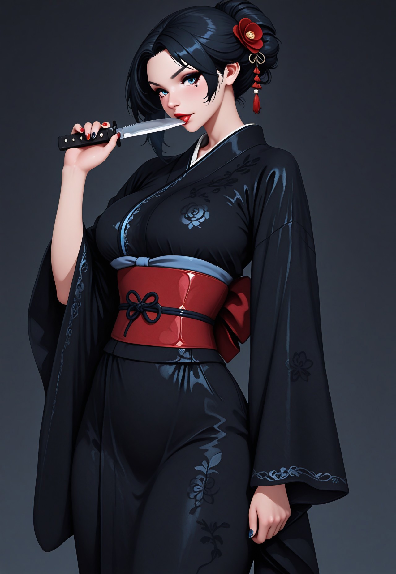 solo, Rea_prime,
BREAK 1girl(femdom, black hair in stylish updo, blue eyes, full red lips, large breasts, long painted nails, dark eye makeup, goth makup),
BREAK licking tanto knife,
BREAK wearing(black silk kimono with embroidery, wide sleeves, obi, japanese clothes, hair decoration), 
BREAK perfect body, detailed, perfect, high contrast, high res, masterpiece, high score, great score, absurdres