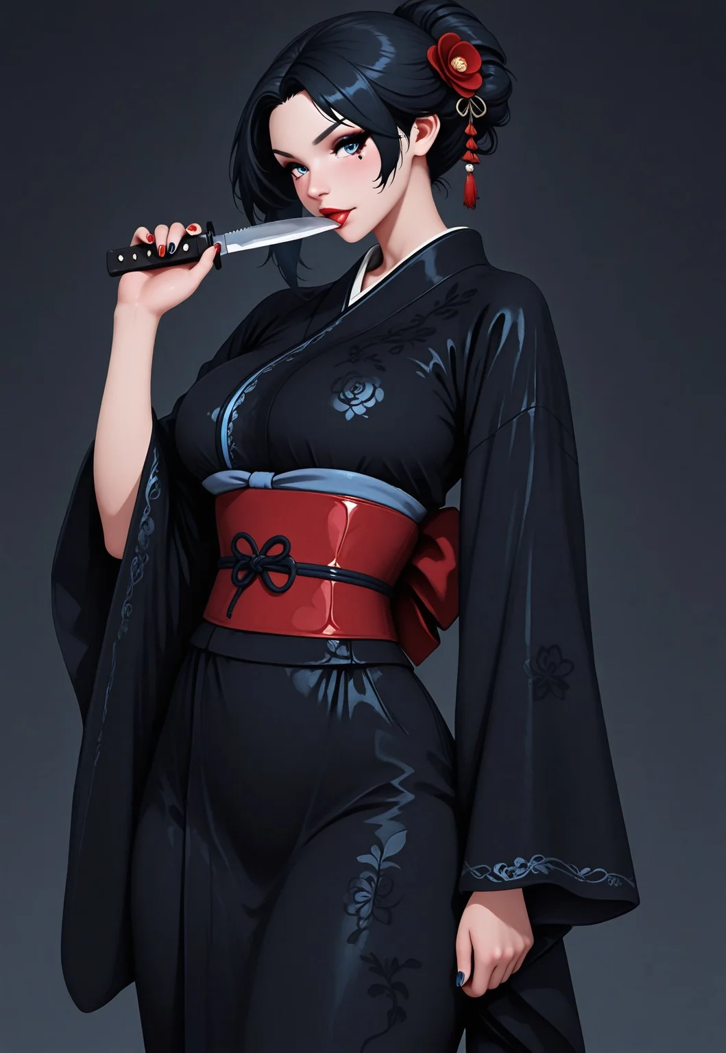 solo, Rea_prime,
BREAK 1girl(femdom, black hair in stylish updo, blue eyes, full red lips, large breasts, long painted nails, dark eye makeup, goth makup),
BREAK licking tanto knife,
BREAK wearing(black silk kimono with embroidery, wide sleeves, obi, japanese clothes, hair decoration),
BREAK perfect body, detailed, perfect, high contrast, high res, masterpiece, high score, great score, absurdres