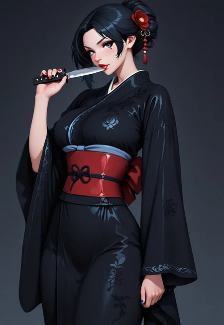 solo, Rea_prime,
BREAK 1girl(femdom, black hair in stylish updo, blue eyes, full red lips, large breasts, long painted nails, dark eye makeup, goth makup),
BREAK licking tanto knife,
BREAK wearing(black silk kimono with embroidery, wide sleeves, obi, japanese clothes, hair decoration), 
BREAK perfect body, detailed, perfect, high contrast, high res, masterpiece, high score, great score, absurdres