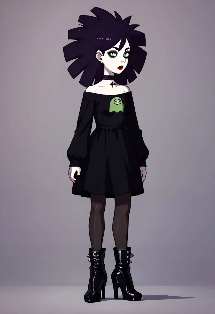 score_9, score_8_up, score_7_up BREAK JaniceCS, dark purple hair, green eyes, pale skin, black eyeliner, red lipstick, black spike choker, black gothic dress, black stockings, black heeled boots, full body, solo, solo focus,