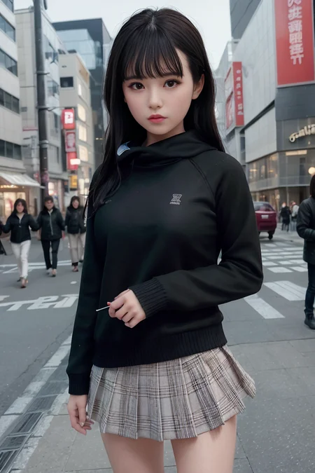 (skin blemish:1.2), (skindentation), black eye, 1woman, 25yo, (((woman))), solo, realistic,  best quality, photorealistic, masterpiece, 8k, high res, solo, extremely detailed face,  (professional lighting, bokeh), (light particles, lens flare, glowing particles:0.6), (dynamic pose:1.2), soft lighting, top angle view, fashionable and trendy atmosphere, japan, (street:1), tokyo, (city), ((nighttime)), sky,  ((looking at the viewer:1)), (looking at the camera),(portrait:0.6), cowboy shot, gorgeous, walking, keep original facial proportion, wide shoulder, full body,  (medium breast),  (long hair), red hair, floating hair, lips, lipstick, seductive smile, floating hair, smile, open_mouth, teeth, eye ring, hood, (hoodie:1),  high_neck_sweater,  jacket,  plaid, plaid_skirt,, eyelashes, mole, (mole under eye:1),   <lora:NaganoS:0.75>