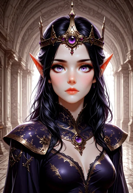masterpiece, best quality, amazing quality, very aesthetic, female, solo, (depth of field), medieval setting, indoors, day time, palace,
elf, black hair with purple highlights, cute face, slender, small breasts,( long hair swept to one side:1.2), beautiful, short pointy ears, hazel eyes, royal garments, dark clothing, jewelry, gunmetal crown, dark crystal
walking, looking at viewer, palace floor, palace walls,
Expressiveh, eyesHD, high gradient eyes, detailed eyes, high definition eyes, incoth, (incase:0.6), xbv2-illu