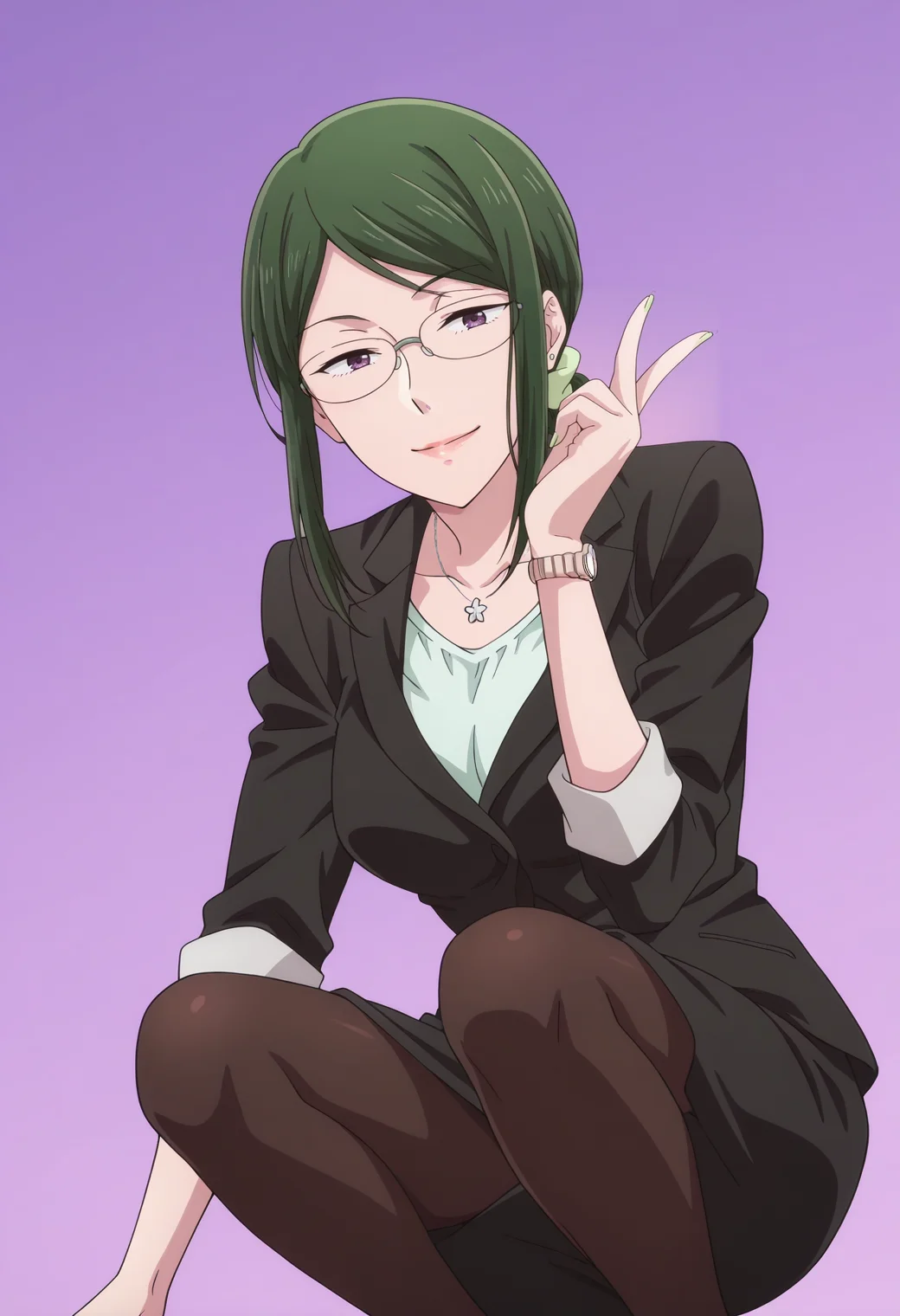anime screencap, anime coloring, 1girl, solo,   <lora:DX888Hanako:1> koyanagi hanako, purple eyes, green hair, medium hair,
glasses, low ponytail, office lady, suit, skirt suit,  necklace, wristwatch, scrunchie, pantyhose BREAK purple background, rainbow background,  (simple background:1.2) BREAK  (dynamic pose:1.2), smile,  w, squatting, from below,