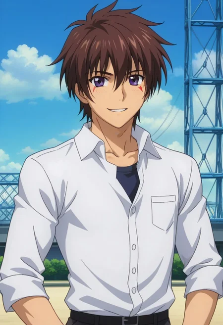 ((masterpiece)), ((best quality)), ((ultra-detailed)), score_9_up, score_8_up, score_7_up, HD, top quality, best quality, High-quality illustrations, anime screencap, perfect anatomy, 1boy, 1male, male anime character, anime boy, solo male, male focus, Akuto Sai, dark brown hair, blue-purple eyes, red markings under eyes, handsome, attractive, lean body, slim body, cowboy shot, wearing white polo shirt, tuck in shirt, happy, big smile, hands on hips pose, easynegative, ng_deepnegative_v1_75t, neghands