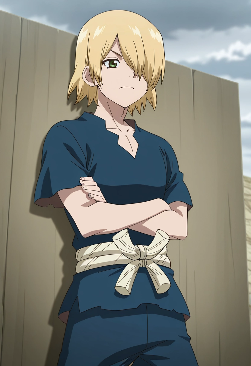 masterpiece, best quality, anime screencap, official style, anime coloring, cowboy shot, 1boy, solo, male focus, <lora:ginrou_dr_stone_ilxl:0.92>, ginrou_dr_stone, blonde hair, green eyes, short hair, hair over one eye, blue shirt, short sleeves, leaning against a wall, arms crossed, serious expression, relaxed pose, overcast light,