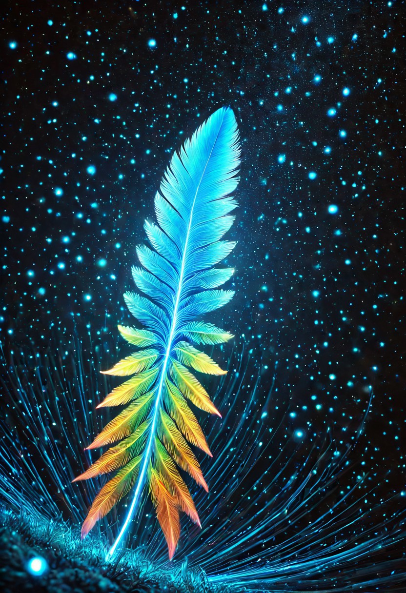 masterpiece, best quality, high resolution, absurdres, ultra-detailed, intricate details, ultra detailed, 8k, highly detailed, very aesthetic, professional 4k, Canon 5d mark 4, extremely detailed, very_detailed, high_detail, sharp focus, clean lines, perfect anatomy, realistic style,  
phoenix illuminated by bioluminescent feathers. glowing feathers, casting a soft, ethereal light. 
The overall atmosphere is serene and magical, with a starry night sky visible.
black background, 
film grain, cinematic, colorful, moody lighting, natural light, soft light, depth of field, bokeh, light particles, backlight, chiaroscuro, refraction, subsurface scattering