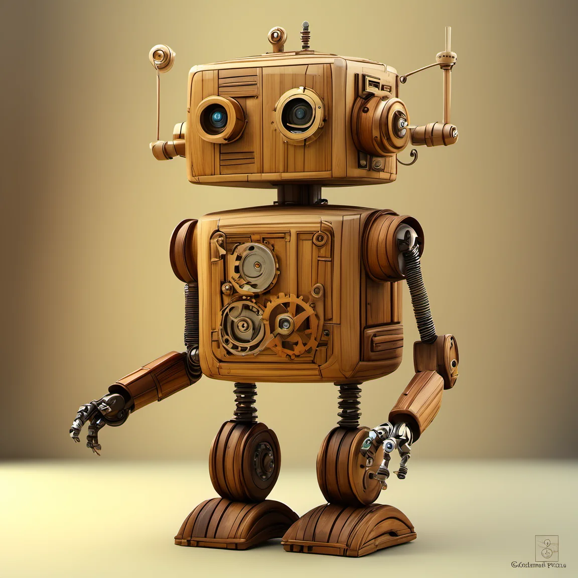 woodenart,wooden,<lora:woodenart:1>,, steampunk robot happy Funny cartoonish, by Gediminas Pranckevicius