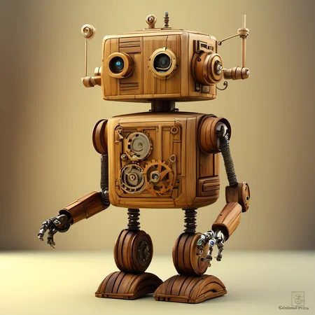 woodenart,wooden,<lora:woodenart:1>,, steampunk robot happy Funny cartoonish, by Gediminas Pranckevicius