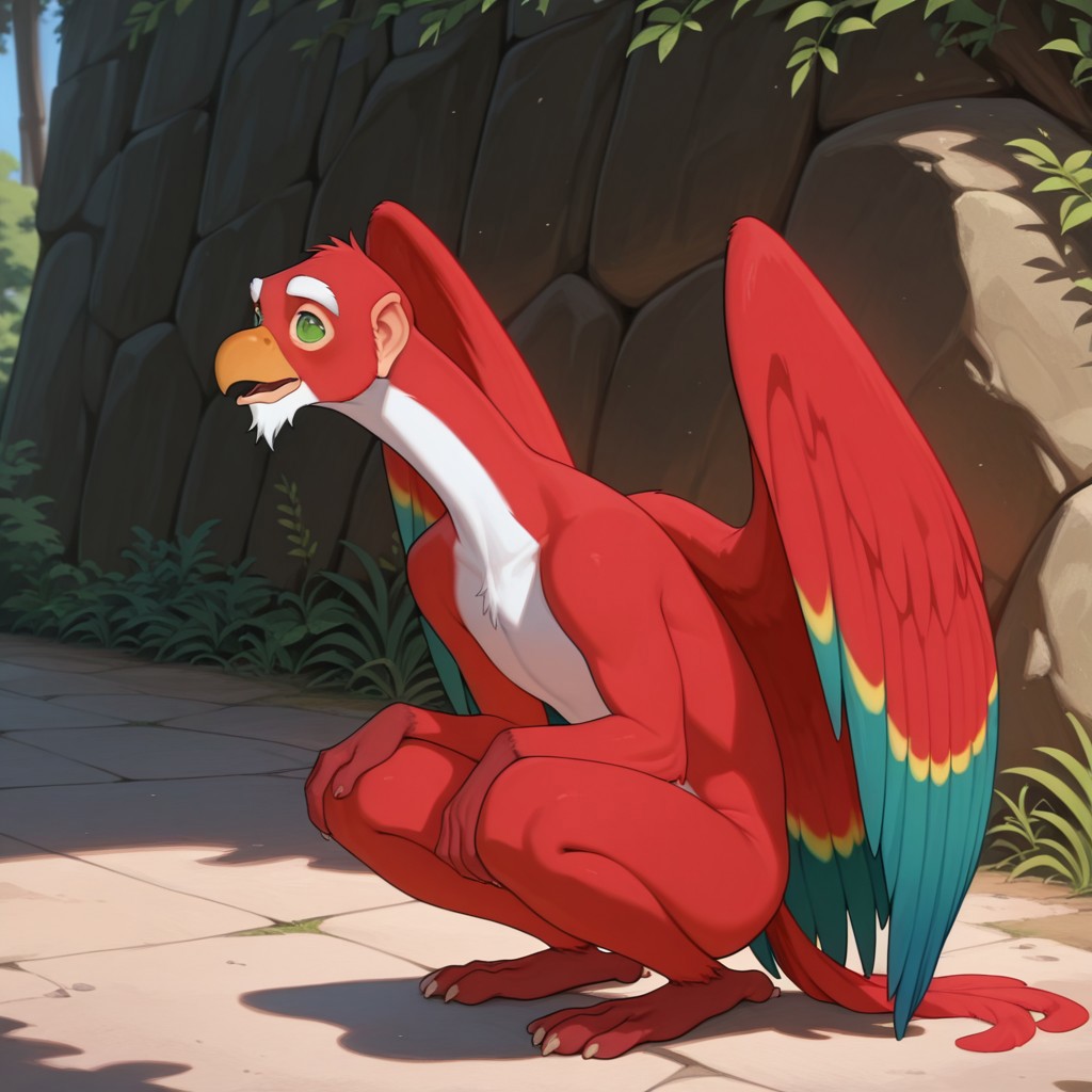 ((masterpiece, best quality, amazing quality,)) NiddlerPoDW, semi-anthro, male, avian, red feathers, wings, green eyes, white goatee, squatting, outside