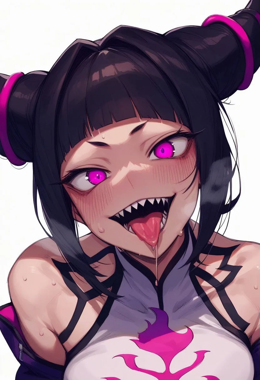 PonyScores7, source_anime, hi res, masterpiece, best quality, highres, source_anime, hi res, masterpiece, best quality, highres, draws, 1girl, han juri, tongue out, black hair, bare shoulders, looking at viewer, sweat, purple eyes, white background, simple background, hair horns, open mouth, saliva, sharp teeth, collarbone, upper body, blush, medium breasts, smile, blunt bangs, gloves, halterneck, chinese clothes, detached sleeves, glowing