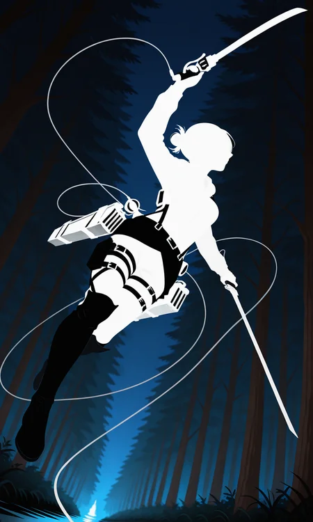 embedding:IllusP0s,color_silhouette, white silhouette, no outline, no lineart, eyeless, 1girl, midair, annie leonhart_\(shingeki no kyojin\), three-dimensional_maneuver_gear, dynamic angle, dynamic pose, attacking, holding swords, dual wielding, steam, spinning, blurry background, motion blur, outdoors, night, wire, forest, trees, motion blur, low angle, from below,<lora:Color_Silhouette_V3.safetensors:1.0:1.0>