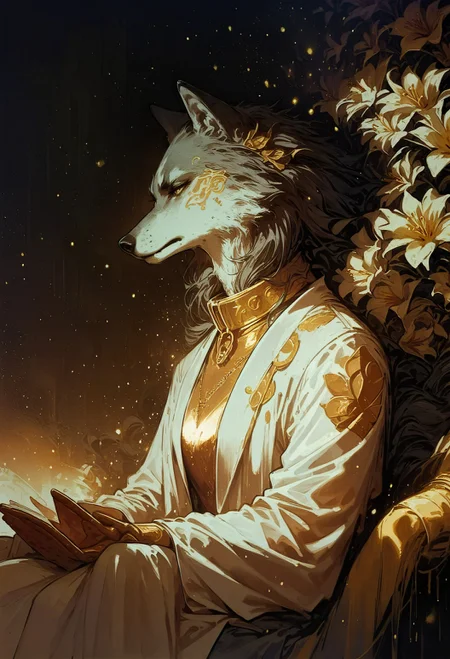 score_9, score_8_up, score_7_up,  wolf, side view, sitting, opal, bright particles, darkness, gloom, golden cherry blossom tones, Japanese aesthetic, lilies, explosive bright particles in the form of sparks of light, gold collar, black theme, black background  <lora:pony/twilight_style:0.8> <lora:pony/expressiveh:0.8> expressiveh <lora:pony/neon_cyberpunk_splash_art:0.8> <lora:sdxl/sinfully_stylish_sdxl>
