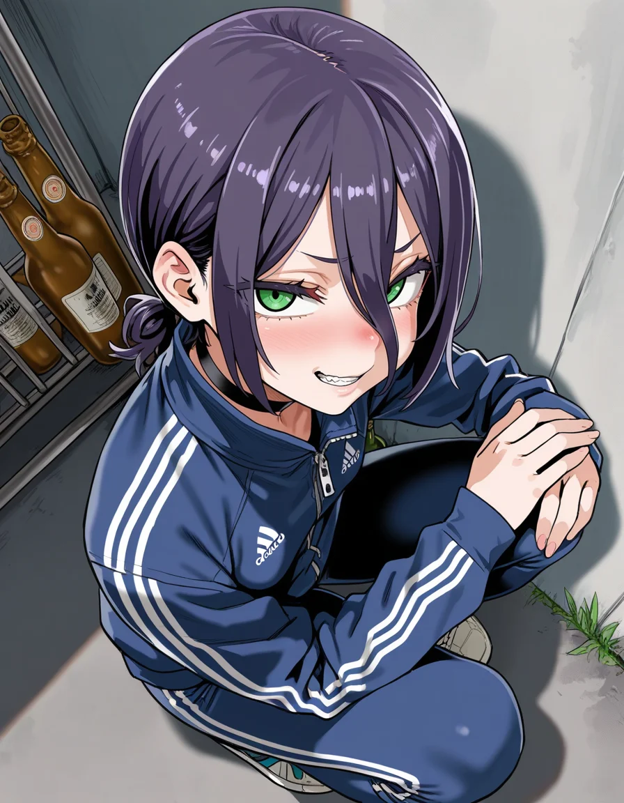 <lora:blackwhiplash(bwl)-guy90-Illust-Lycorisv1:0.5>, blaash, <lora:Asanagi_Illustrious:0.0.5>, asanagi, uncensored, (masterpiece, best quality, ultra-detailed, absurdres, newest, detailed textures, correct anatomy:1), very aesthetic, reze \(chainsaw man\), green eyes, dark purple hair, short hair, ponytail, choker, hair between eyes, , 1girl, sneer, dynamic angle, from above, squatting, forearms on knee, hands down, sportswear, pants, zipper, turtleneck, adidas, alley, looking at viewer, against wall, beer bottle stand around, the ads notice on the wall, long sleeves, drunk