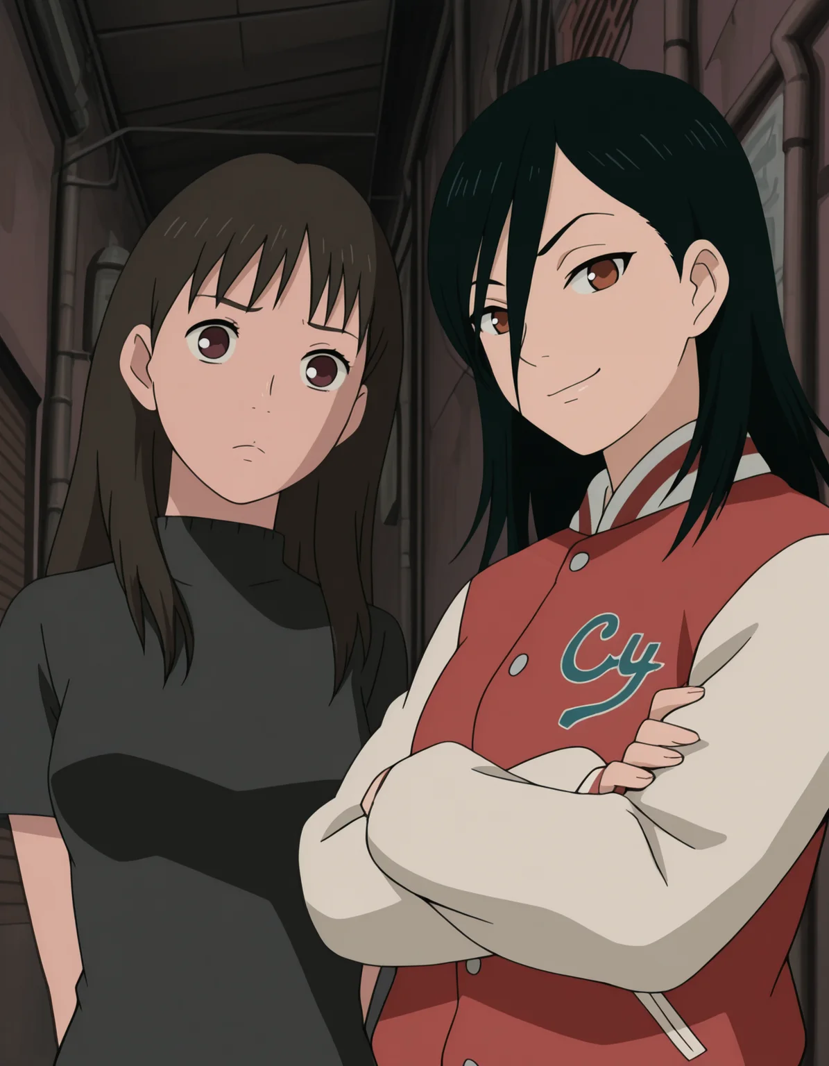 <lora:izumi-maho-illustrious-000015:1> 2girls, alley, looking at viewer, upper body, looking at viewer, from below
ishiguroizumi, turtleneck, short sleeves, arms behind back, furrowed brow, frown
minamimaho, letterman jacket, smug, crossed arms, masterpiece,best quality,amazing quality