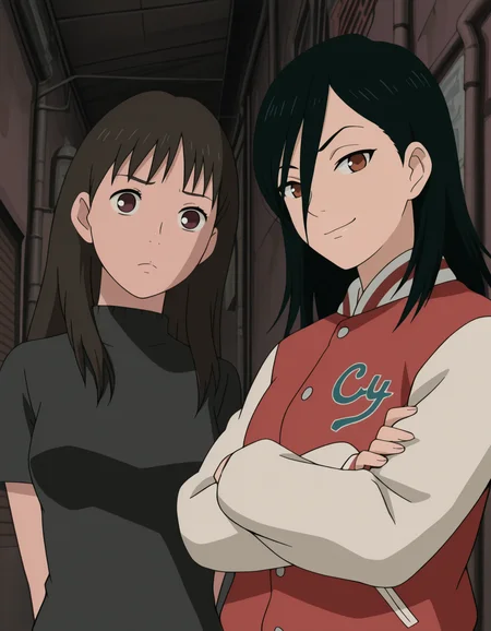 <lora:izumi-maho-illustrious-000015:1> 2girls, alley, looking at viewer, upper body, looking at viewer, from below
ishiguroizumi, turtleneck, short sleeves, arms behind back, furrowed brow, frown
minamimaho, letterman jacket, smug, crossed arms, masterpiece,best quality,amazing quality