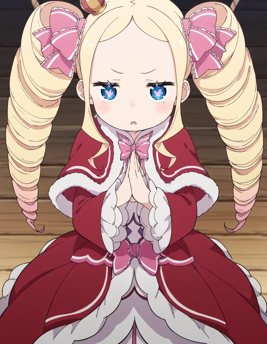 score_9, score_8_up, score_7_up, source_anime, <lora:rezero-beatrice-s3-p1-ponyxl-lora-nochekaiser:1>, beatrice, long hair, blue eyes, blonde hair, twintails, hair ribbon, sidelocks, symbol-shaped pupils, drill hair, twin drills,, dress, ribbon, fur trim, capelet, crown, mini crown, red capelet, frills, bowtie,, rope bridge, wood, rope, suspension, height, , <lora:x-arms-ponyxl-lora-nochekaiser:1>, x arms, blush, open mouth, leaning forward,, looking at viewer, solo,, dutch angle, cowboy shot