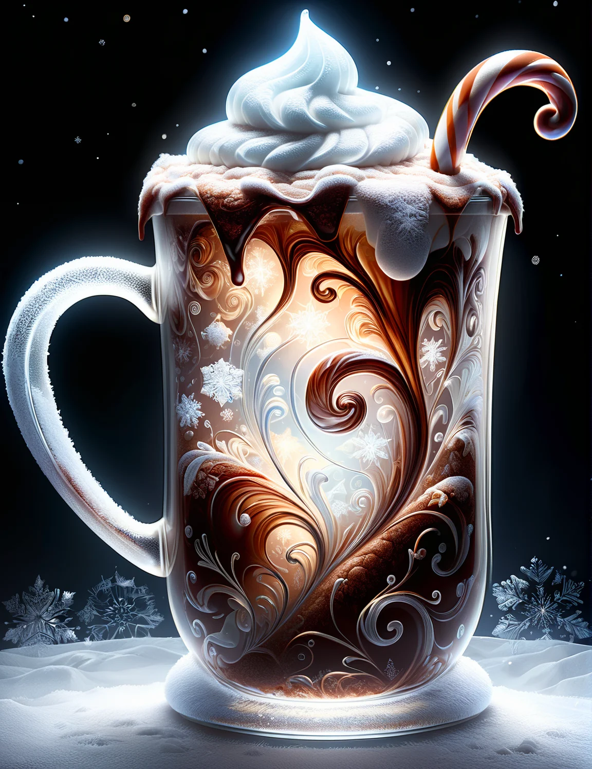 <lora:SDXLFrosted:1> FrostedStyle Highly detailed Dynamic shot of a transparent frosted glass mug of hot chocolate, extremely detailed,
