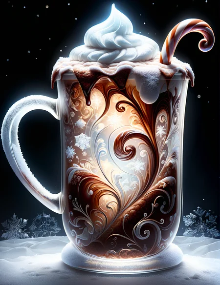 <lora:SDXLFrosted:1> FrostedStyle Highly detailed Dynamic shot of a transparent frosted glass mug of hot chocolate, extremely detailed,