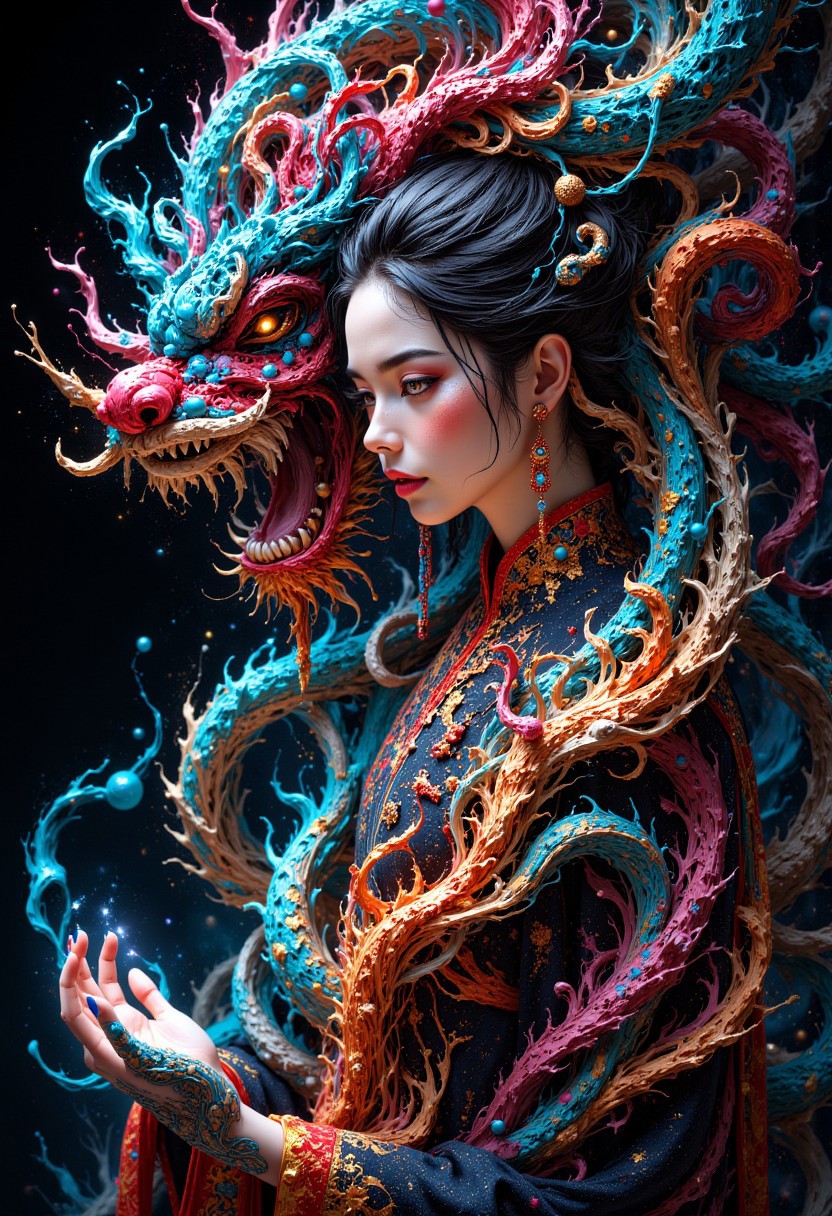 masterpiece, intricate details,lightning and electricity transforms into a stunning chinese princess, abstract, surreal colours, fractal art, mythp0rt